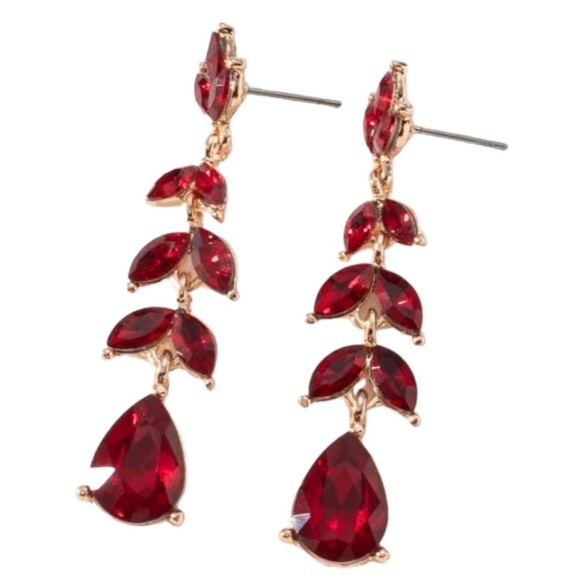 Red Earrings Red Vine Leaf Earrings Crystal Rhinestone Dangle Earrings - Picture 2 of 7